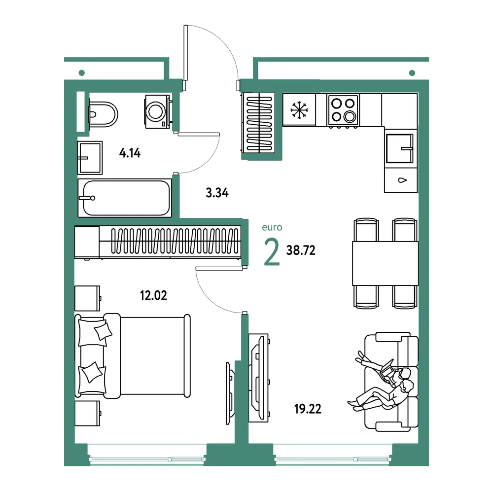 Планировка: Страна.Прибрежная 2-комнатная 38,72м²