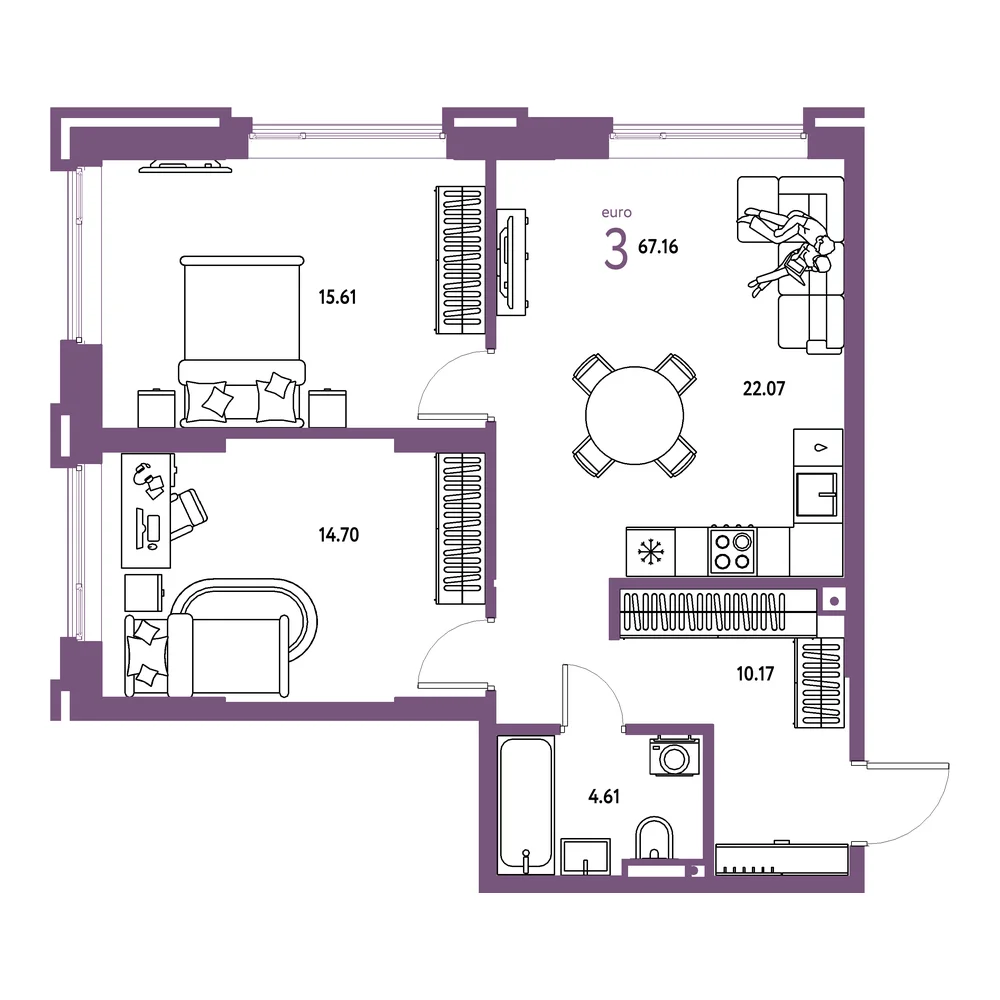 Планировка: Страна.Прибрежная 3-комнатная 67,16м²