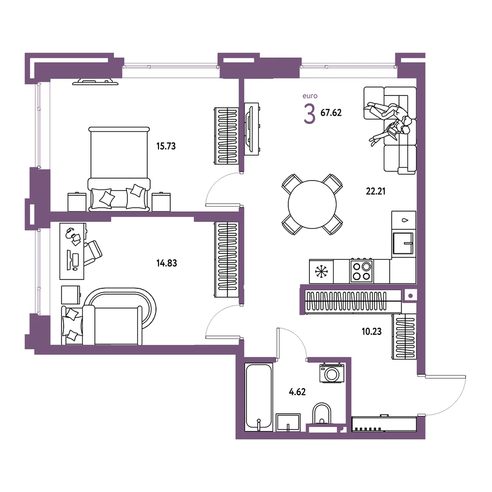 Планировка: Страна.Прибрежная 3-комнатная 67,62м²