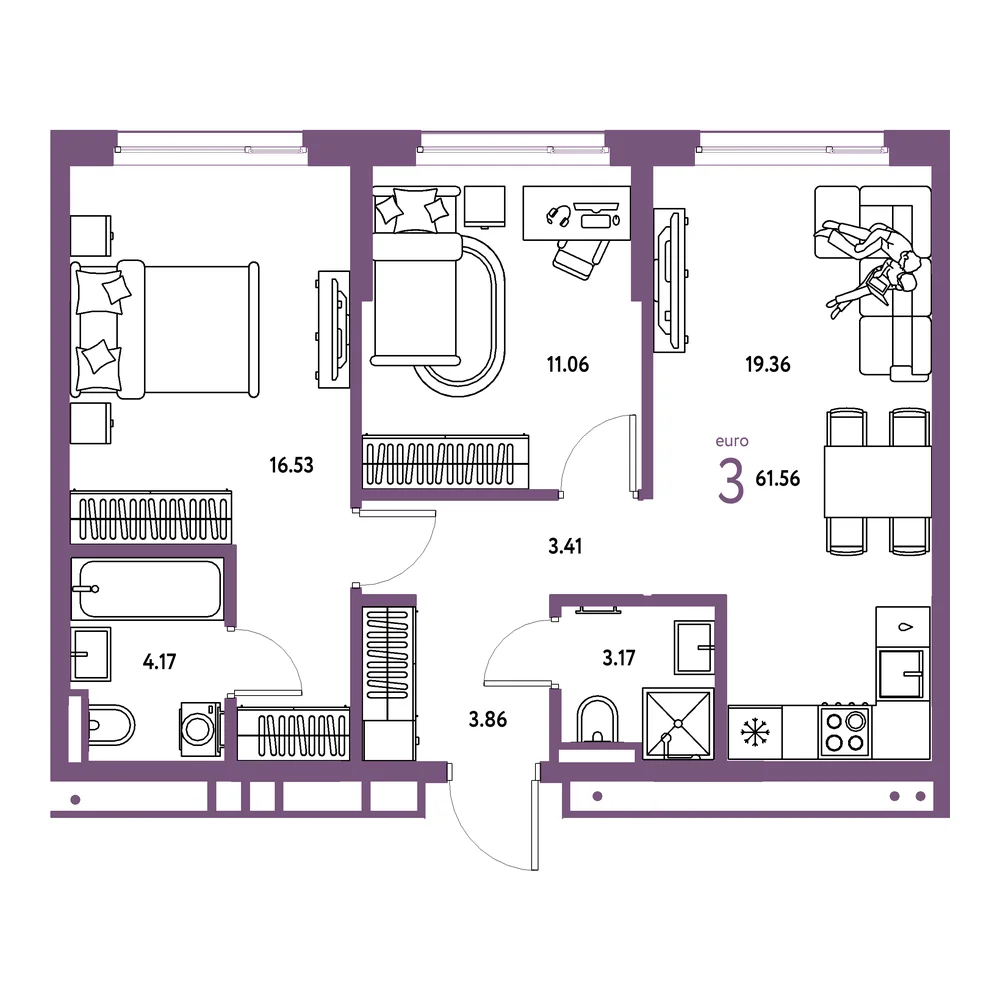 Планировка: Страна.Прибрежная 3-комнатная 61,56м²