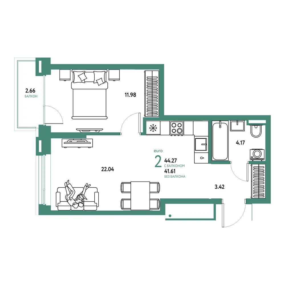 Планировка: Страна.Прибрежная 2-комнатная 44,27м²