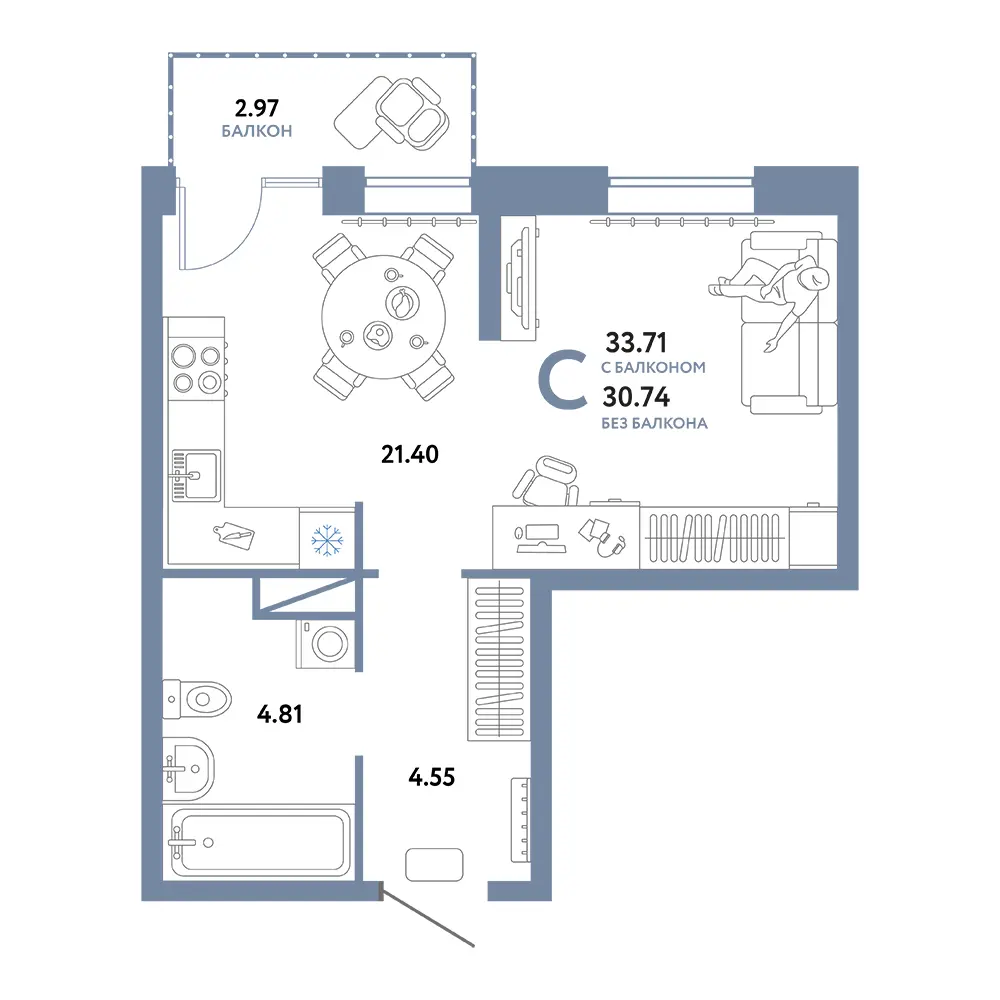 Планировка: Юнион Студия 33,71м²