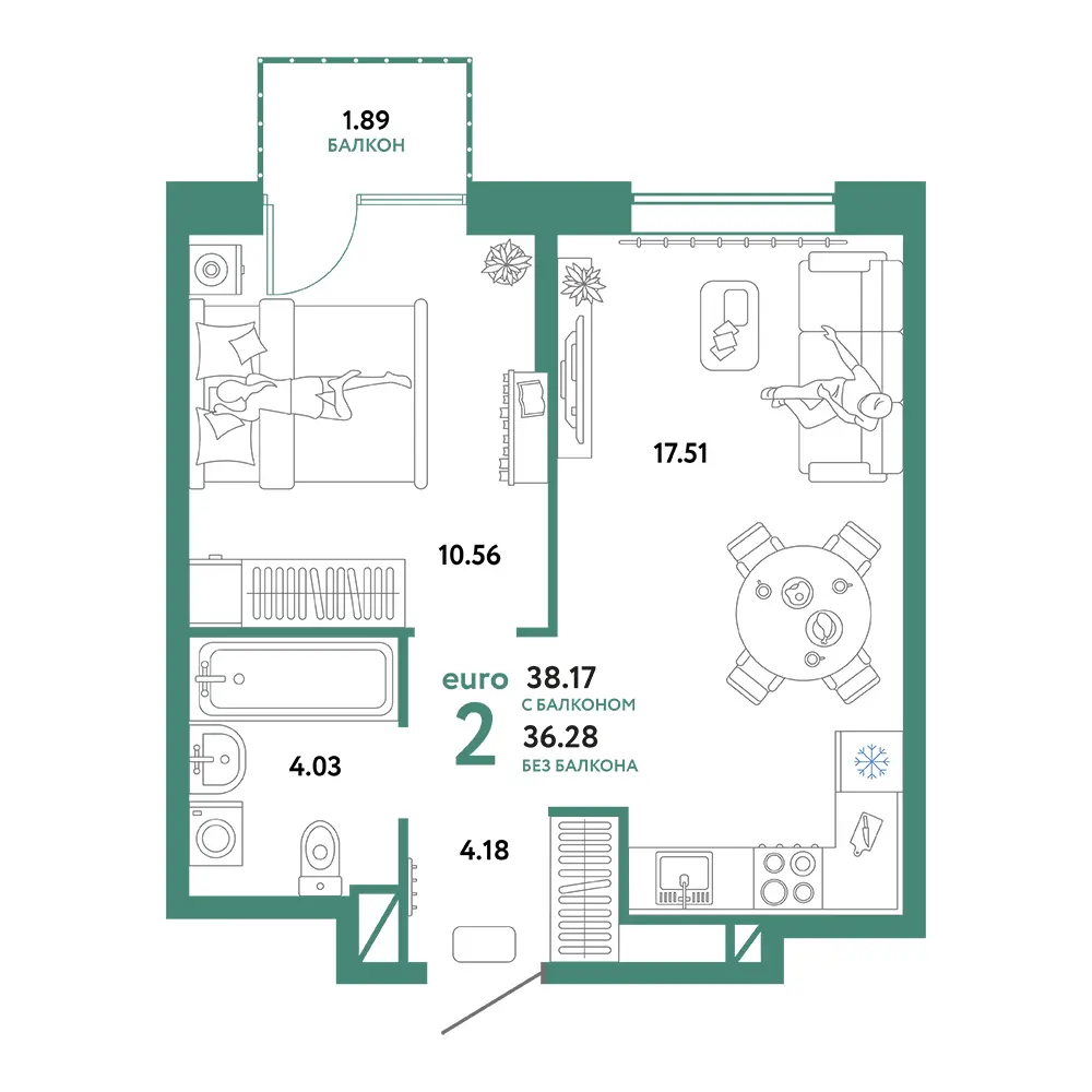 Планировка: Юнион 2-комнатная 38,17м²