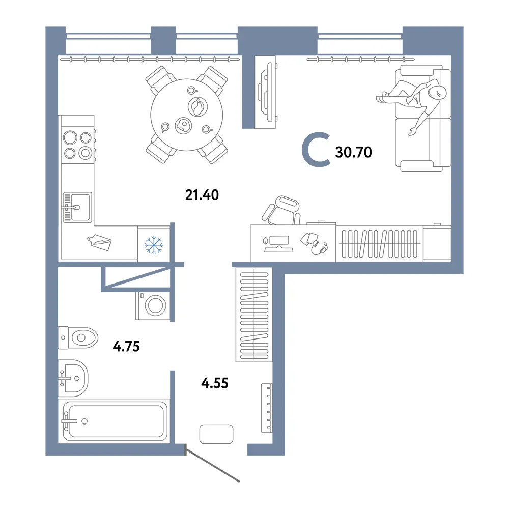 Планировка: Юнион Студия 30,70м²