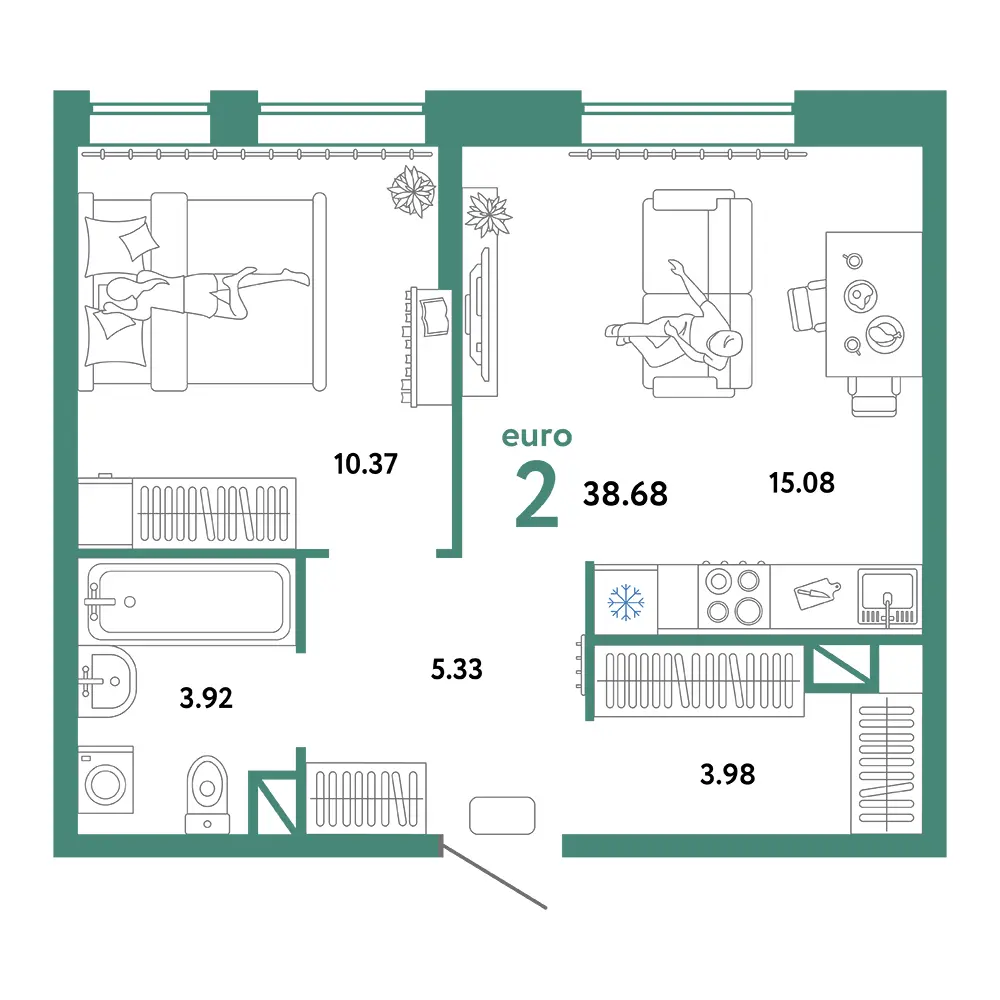 Планировка: Юнион 2-комнатная 38,68м²