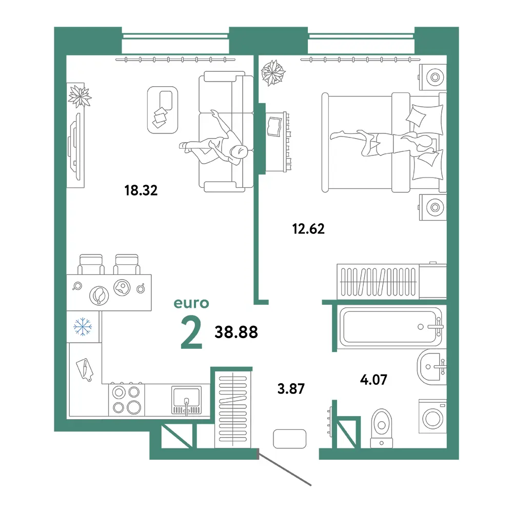 Планировка: Юнион 2-комнатная 38,88м²