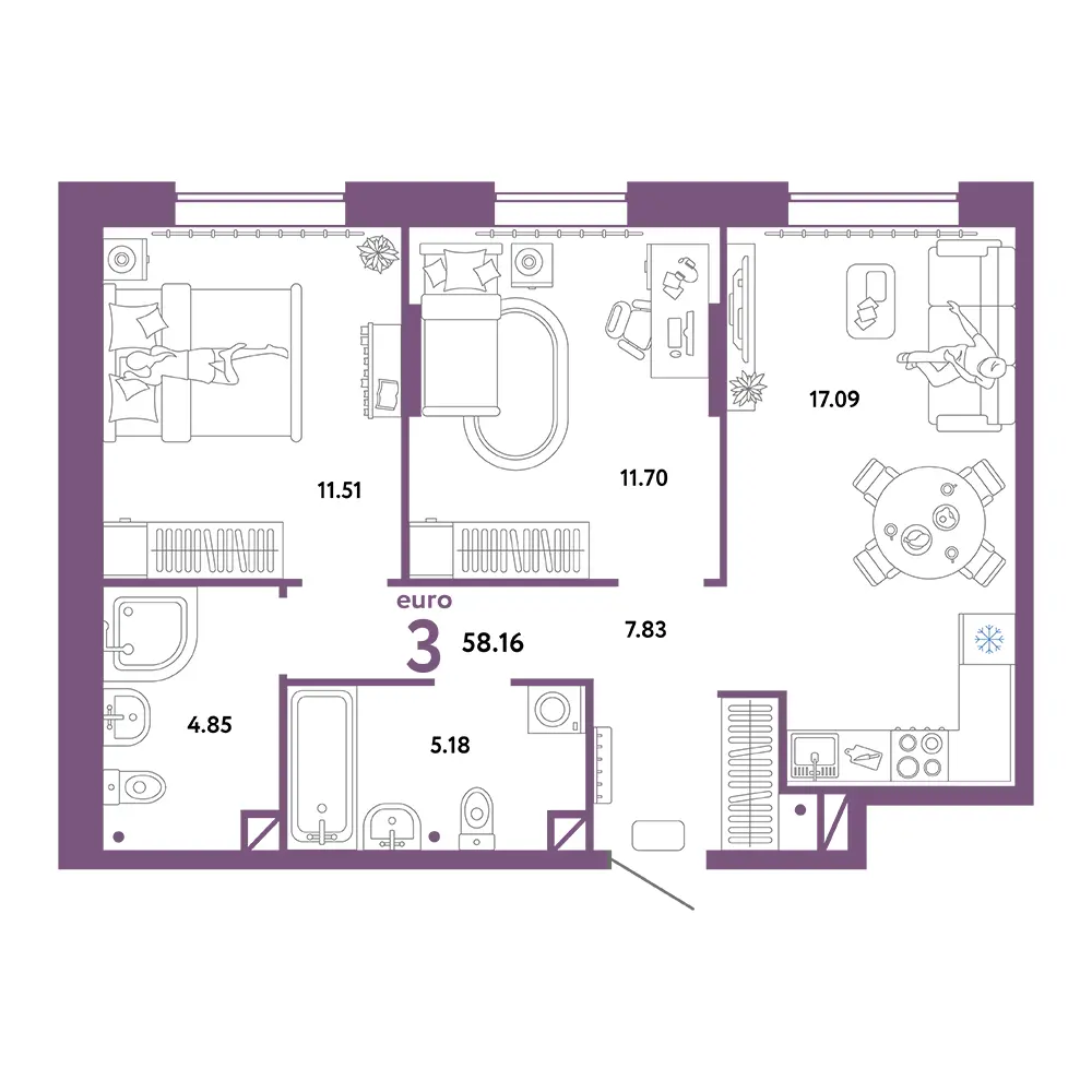 Планировка: Юнион 3-комнатная 58,16м²