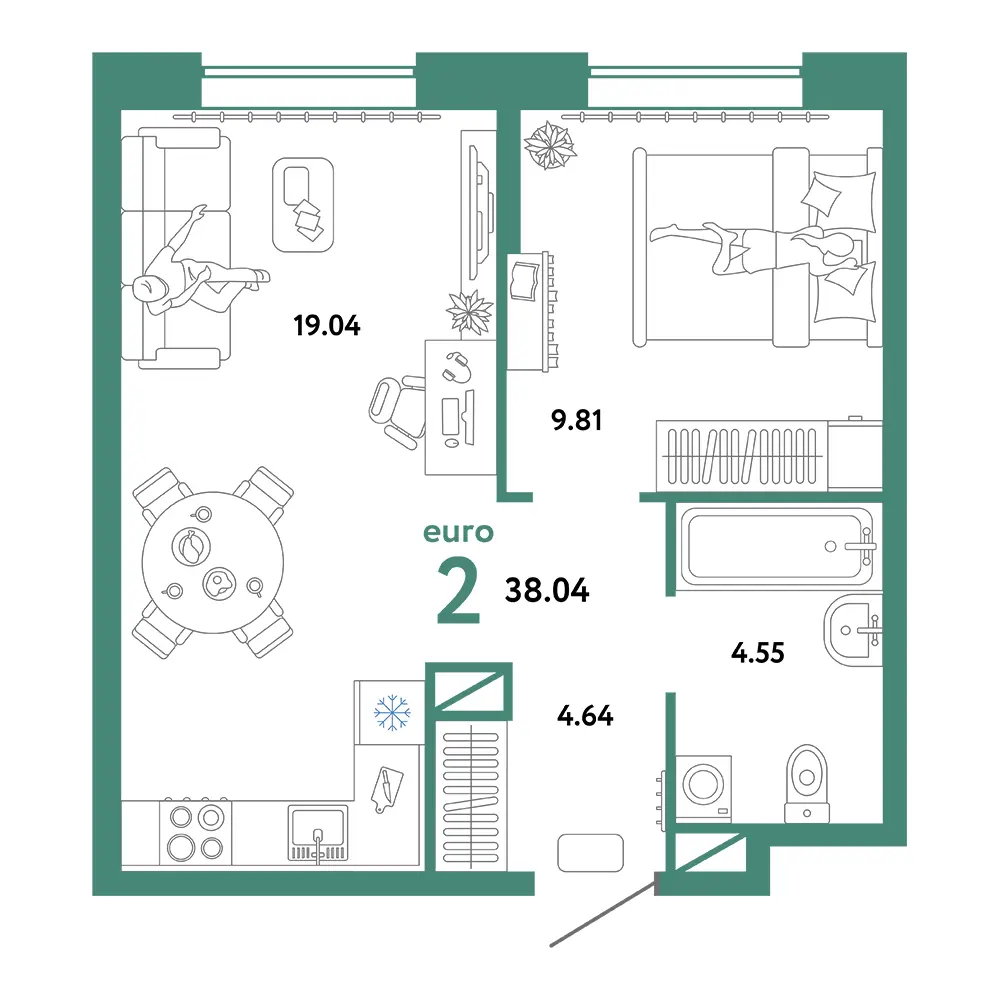 Планировка: Юнион 2-комнатная 38,04м²
