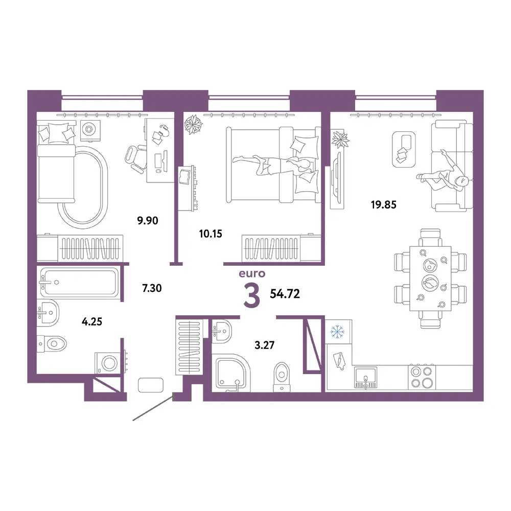 Планировка: Юнион 3-комнатная 54,72м²