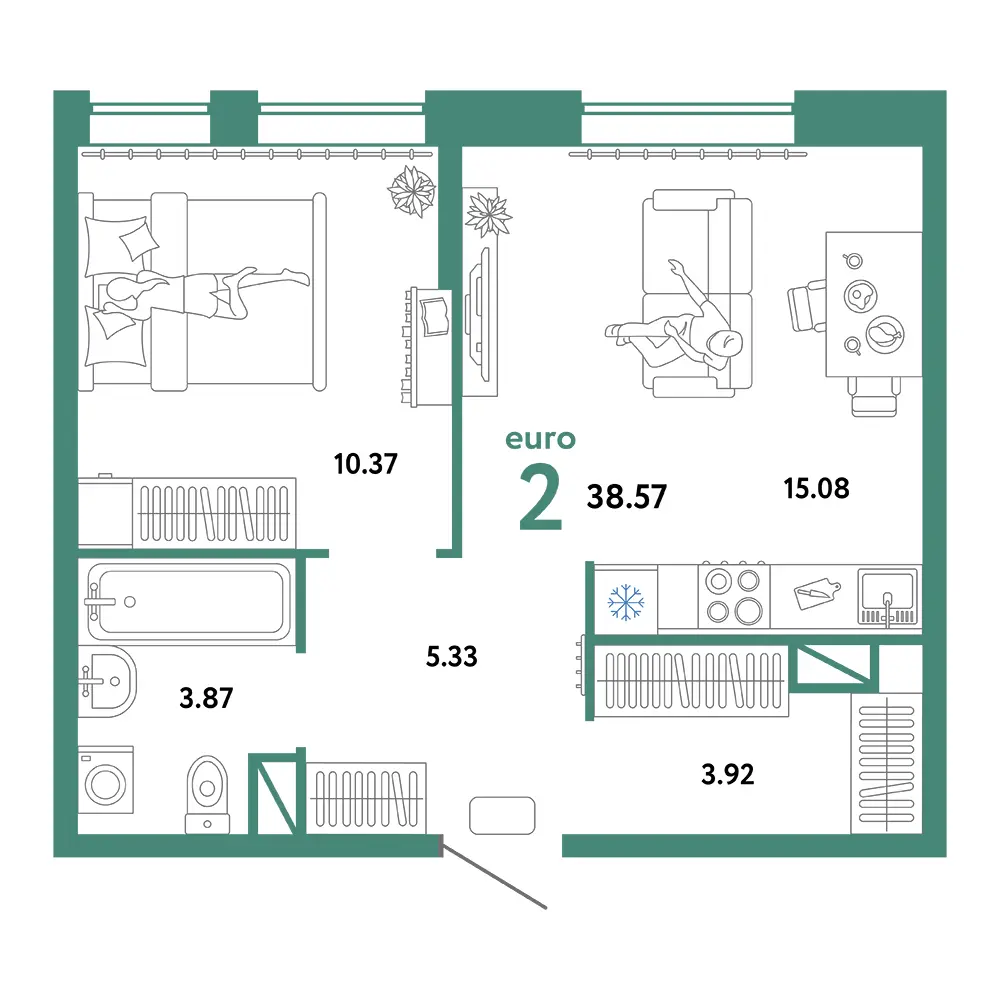 Планировка: Юнион 2-комнатная 38,57м²