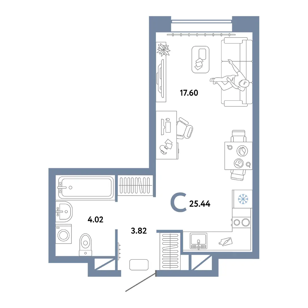 Планировка: Юнион Студия 25,44м²