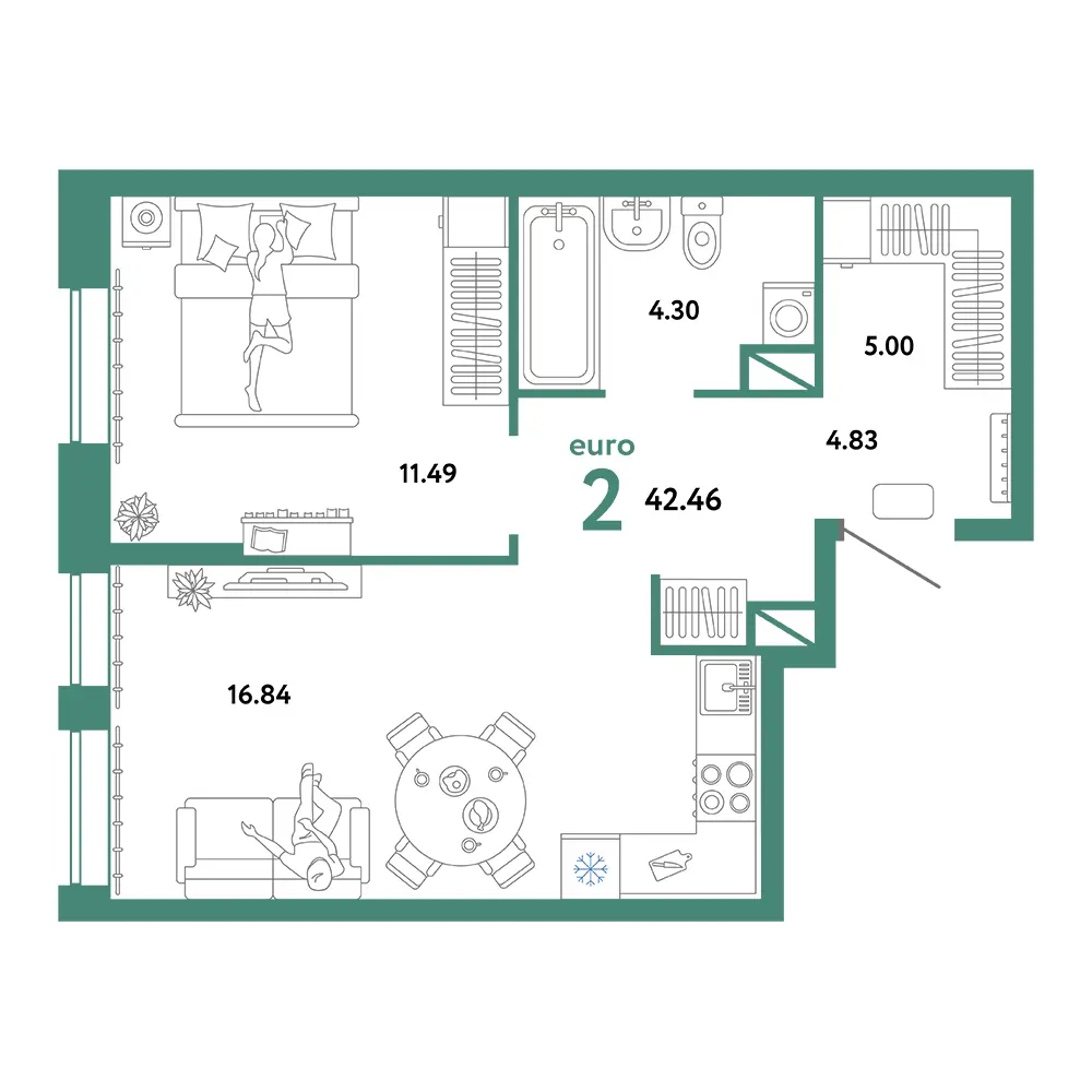 Планировка: Юнион 2-комнатная 42,46м²