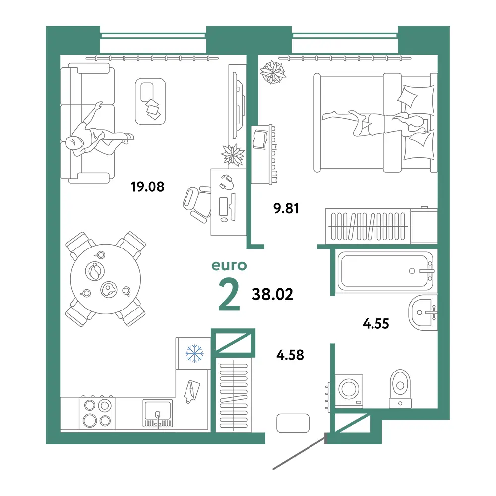 Планировка: Юнион 2-комнатная 38,02м²