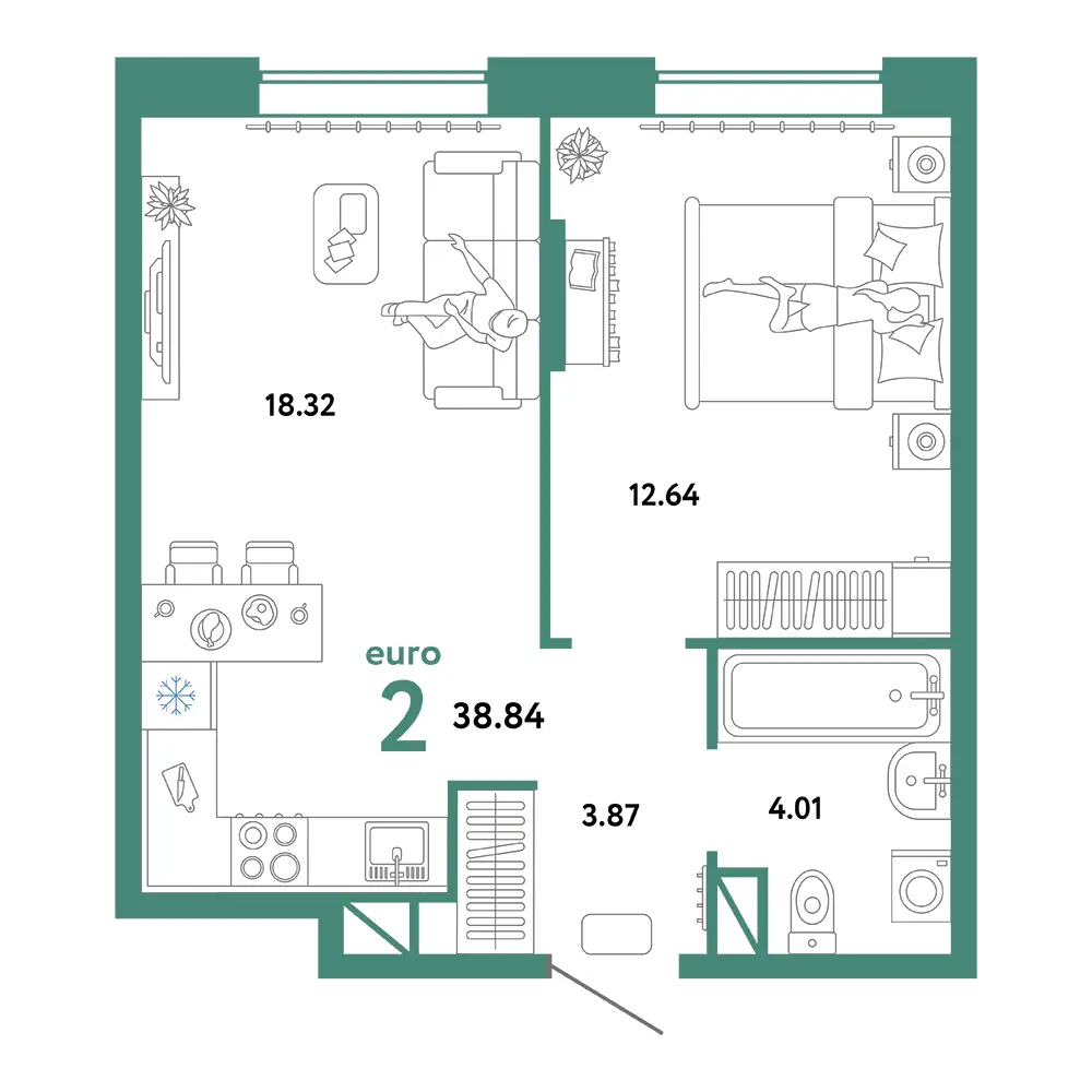 Планировка: Юнион 2-комнатная 38,84м²