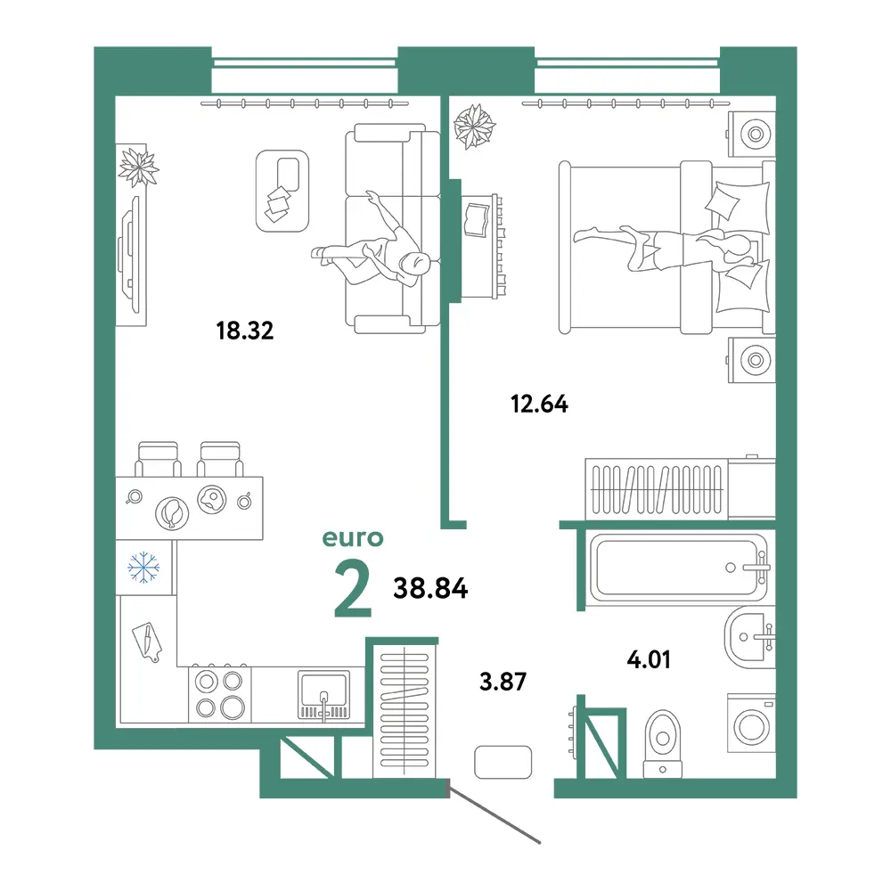 Планировка: Юнион 2-комнатная 38,84м²