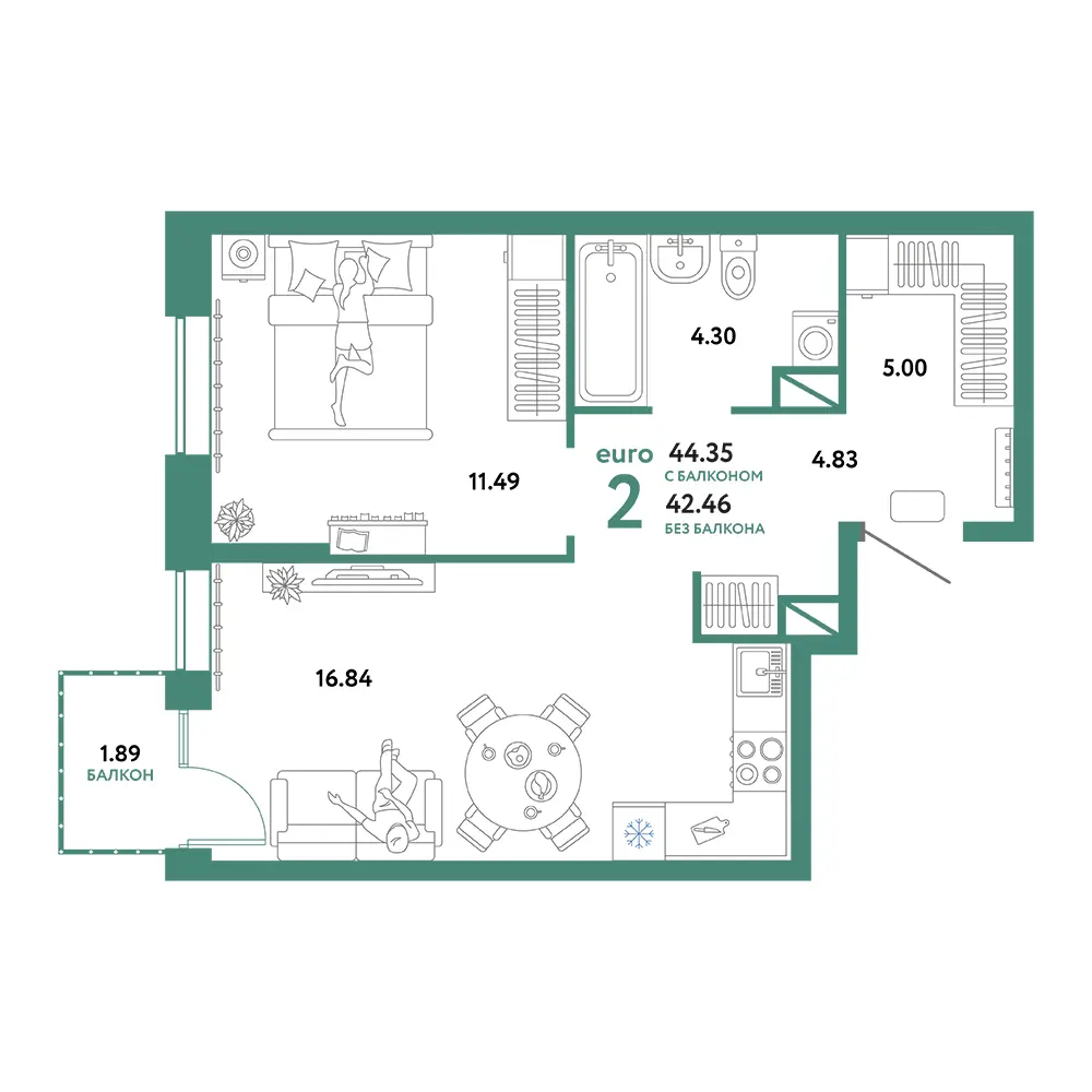 Планировка: Юнион 2-комнатная 44,35м²