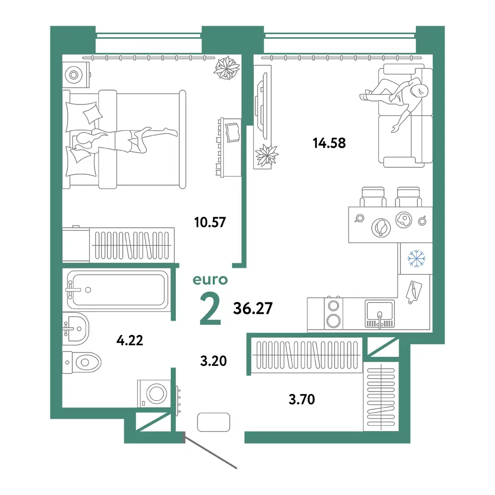 Планировка: Юнион 2-комнатная 36,27м²