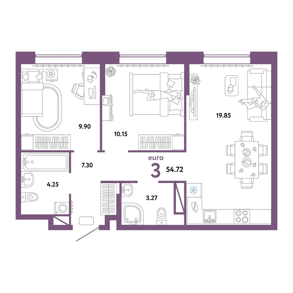 Планировка: Юнион 3-комнатная 54,72м²
