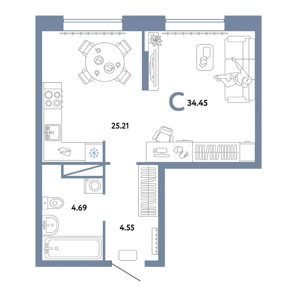 Планировка: Юнион Студия 34,45м²