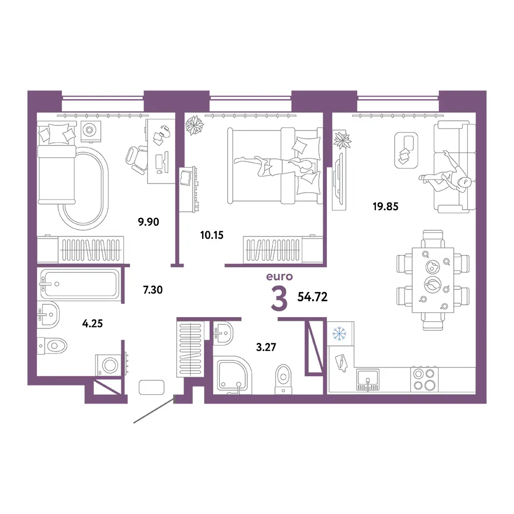 Планировка: Юнион 3-комнатная 54,72м²