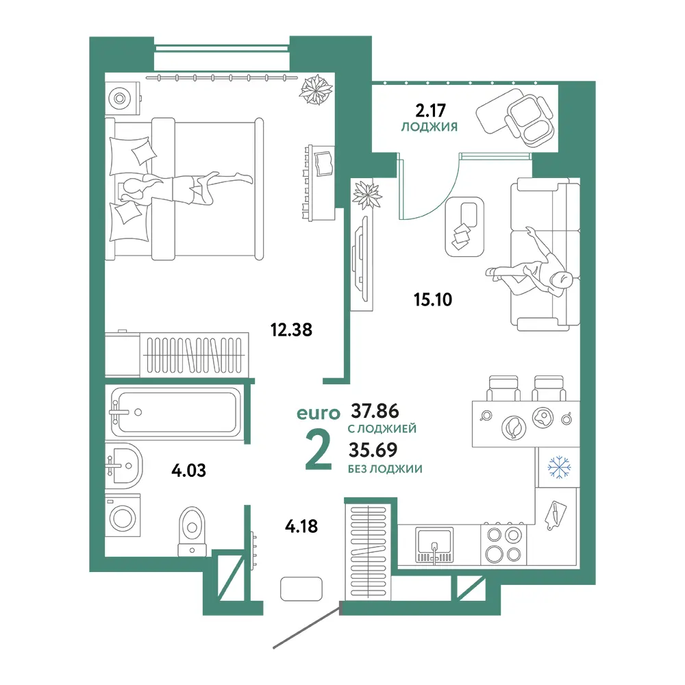 Планировка: Юнион 2-комнатная 37,86м²