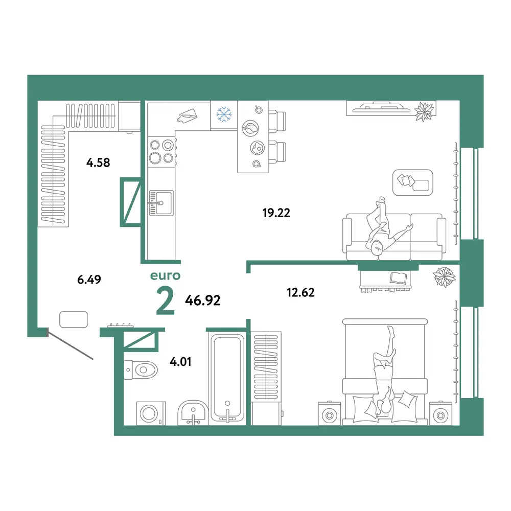 Планировка: Юнион 2-комнатная 46,92м²