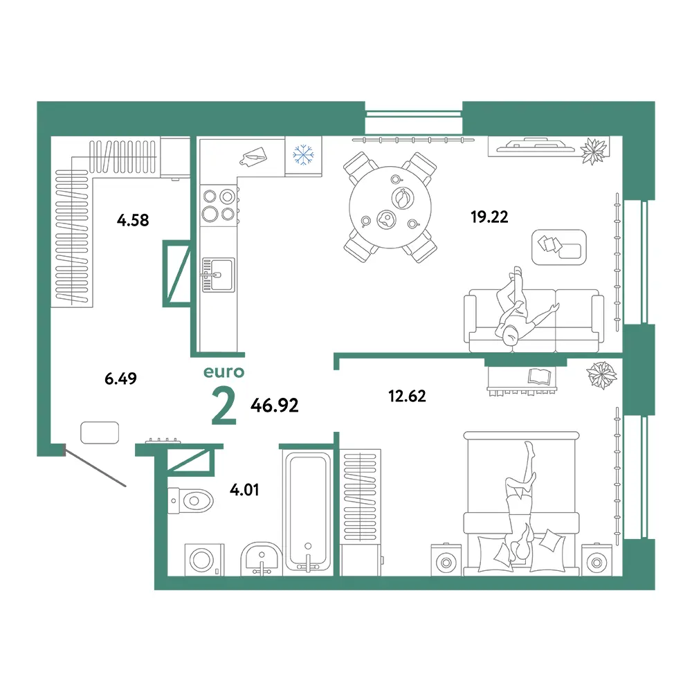 Планировка: Юнион 2-комнатная 46,92м²