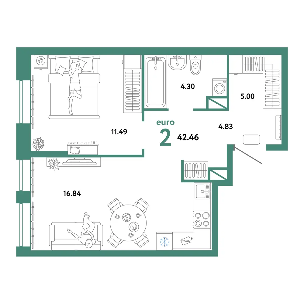 Планировка: Юнион 2-комнатная 42,46м²
