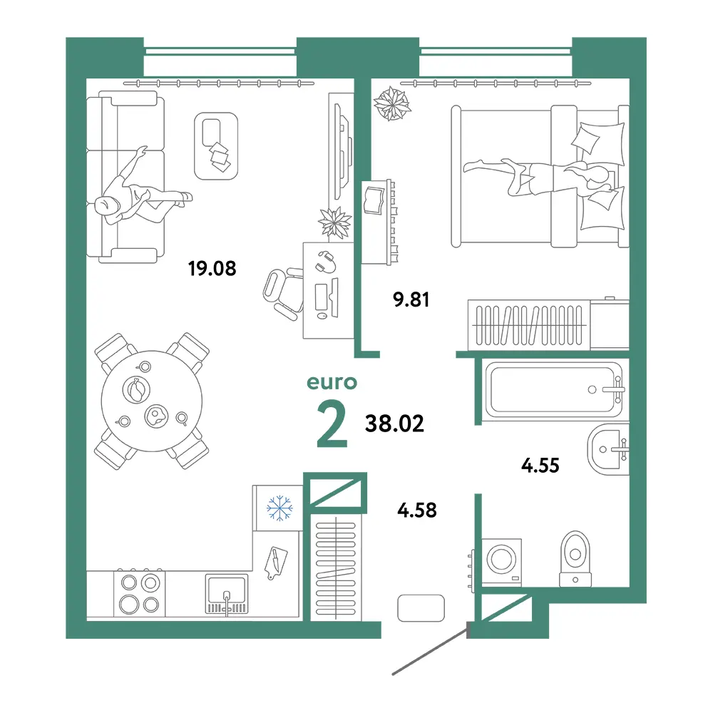 Планировка: Юнион 2-комнатная 38,02м²