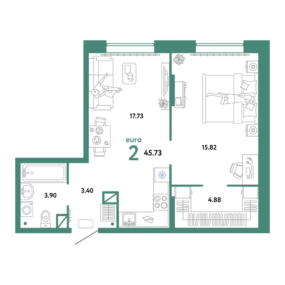 Планировка: Юнион 2-комнатная 45,73м²