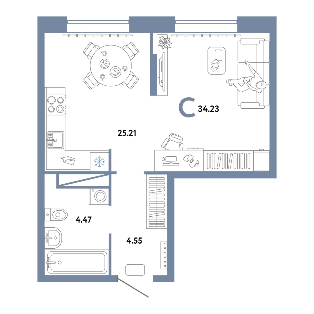 Планировка: Юнион Студия 34,23м²
