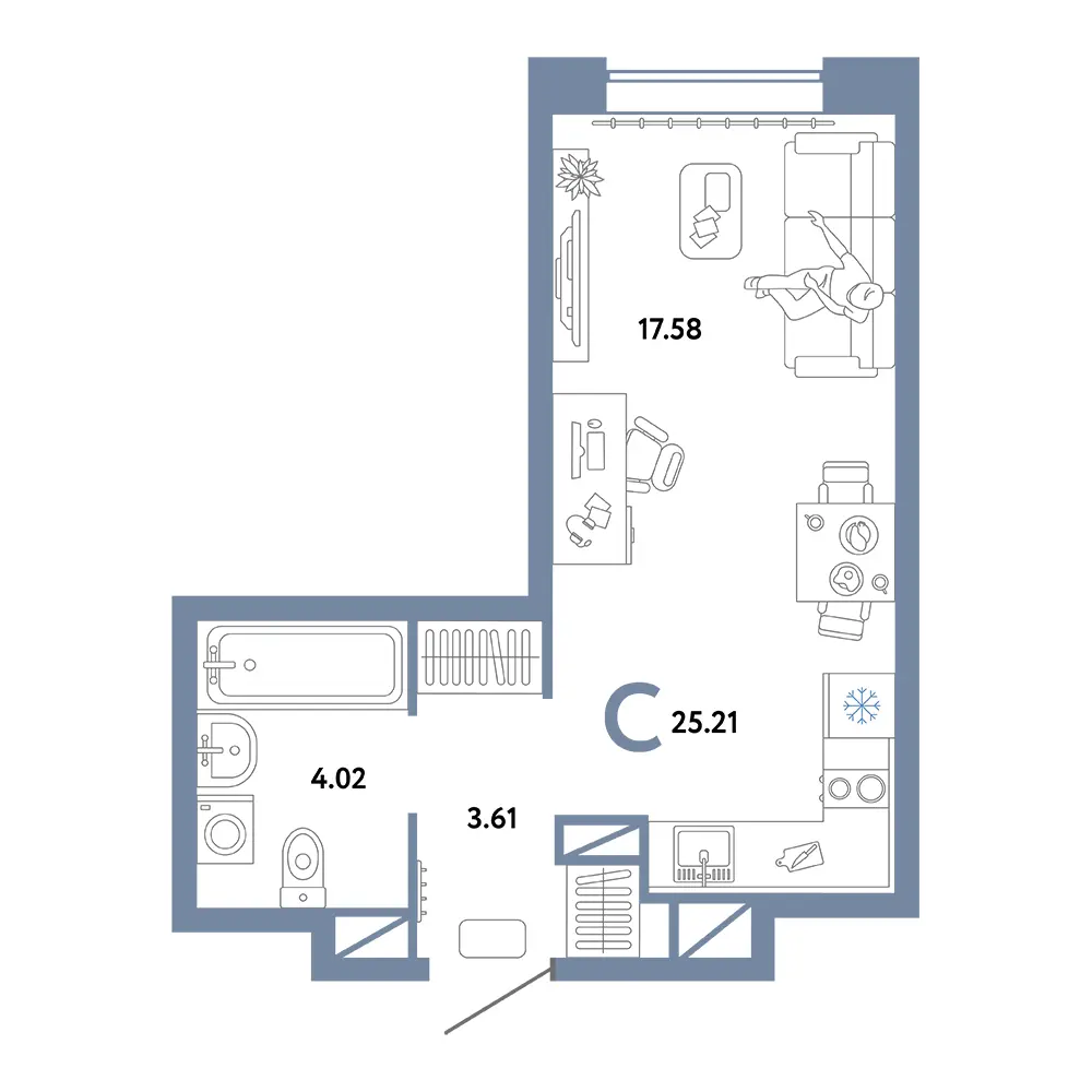 Планировка: Юнион Студия 25,21м²