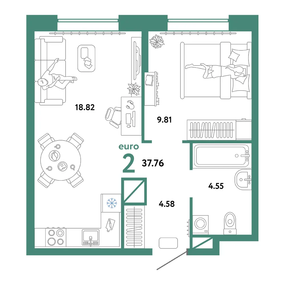 Планировка: Юнион 2-комнатная 37,76м²