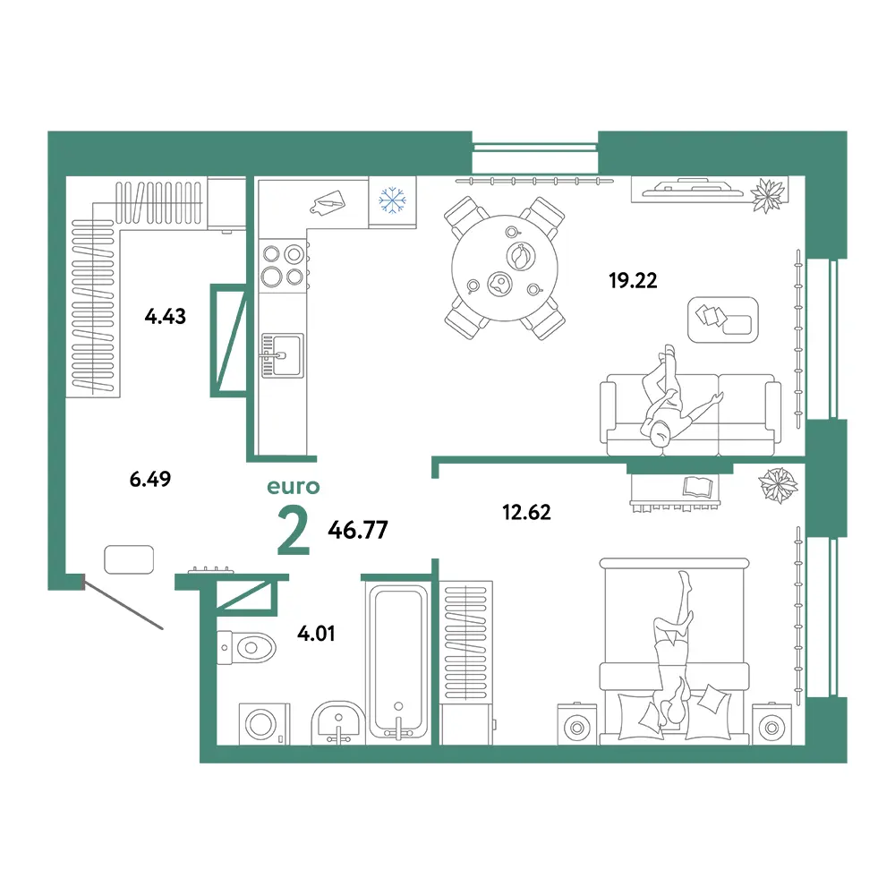 Планировка: Юнион 2-комнатная 46,77м²