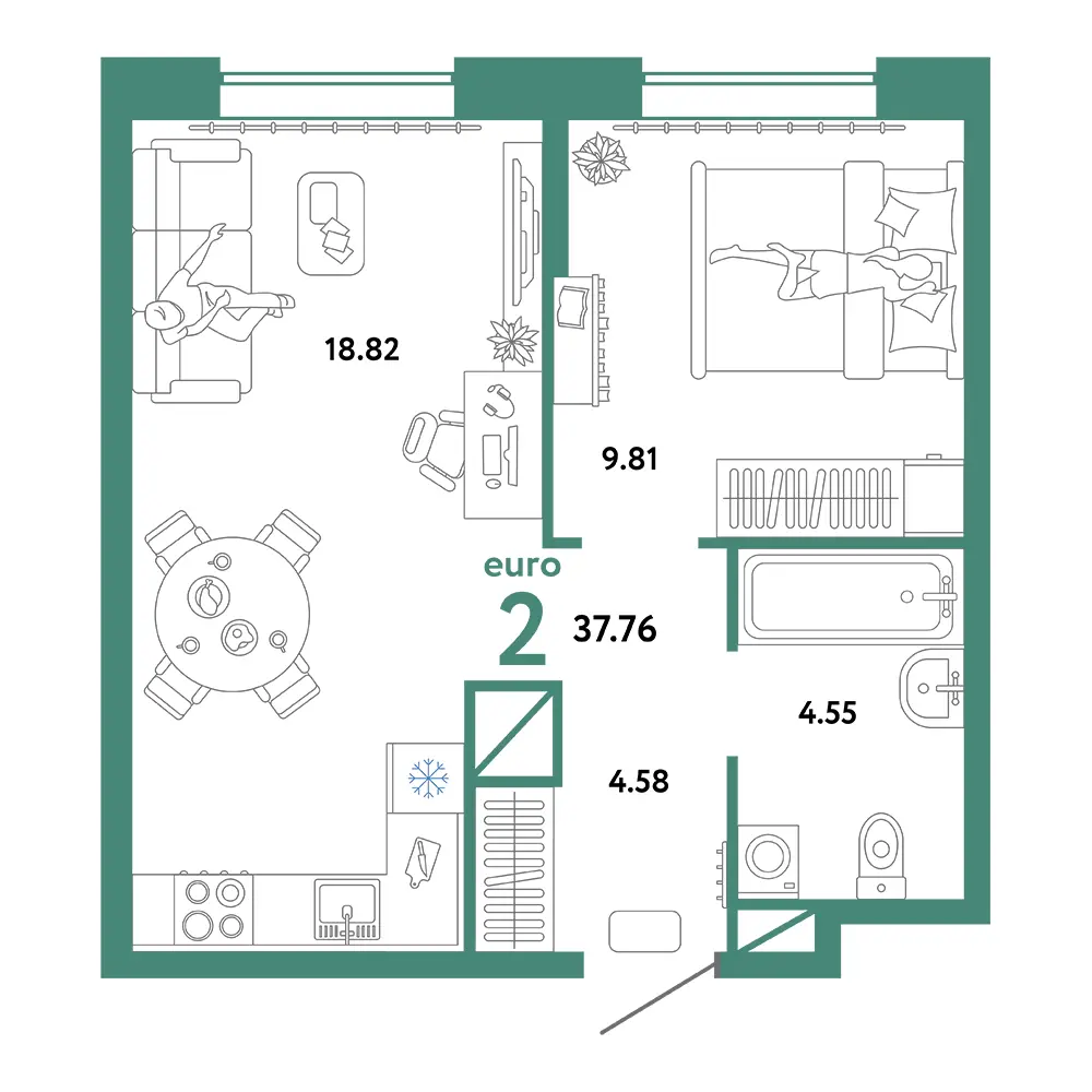 Планировка: Юнион 2-комнатная 37,76м²