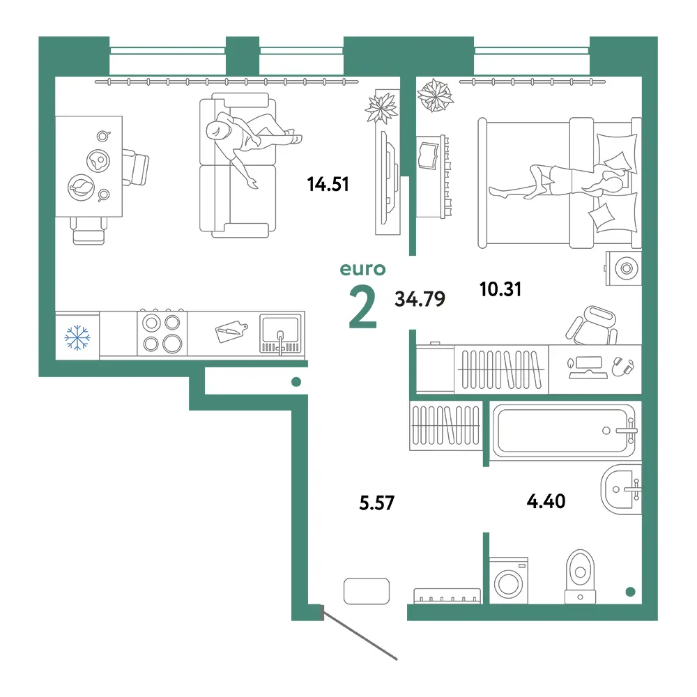Планировка: Юнион 2-комнатная 34,79м²