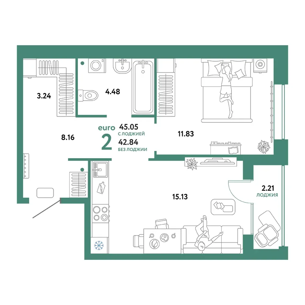 Планировка: Юнион 2-комнатная 45,05м²