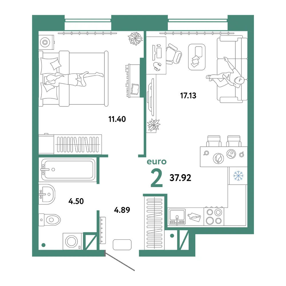 Планировка: Юнион 2-комнатная 37,92м²