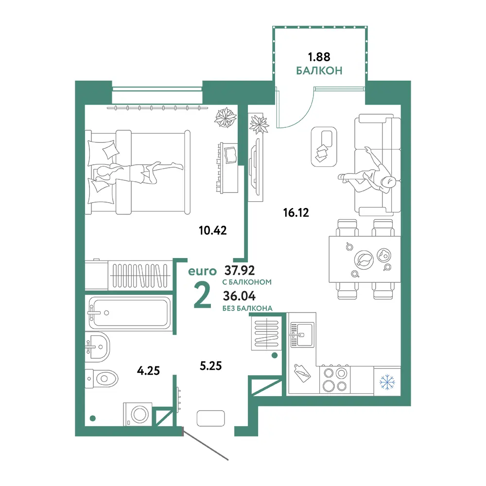 Планировка: Юнион 2-комнатная 37,92м²