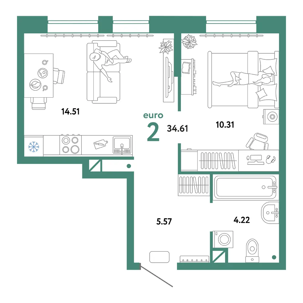 Планировка: Юнион 2-комнатная 34,61м²