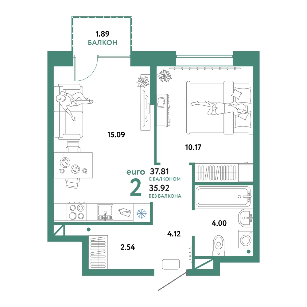 Планировка: Юнион 2-комнатная 37,81м²