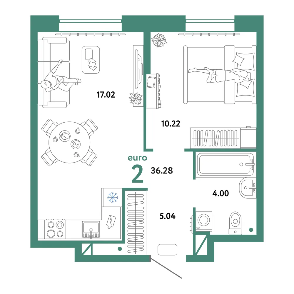 Планировка: Юнион 2-комнатная 36,28м²