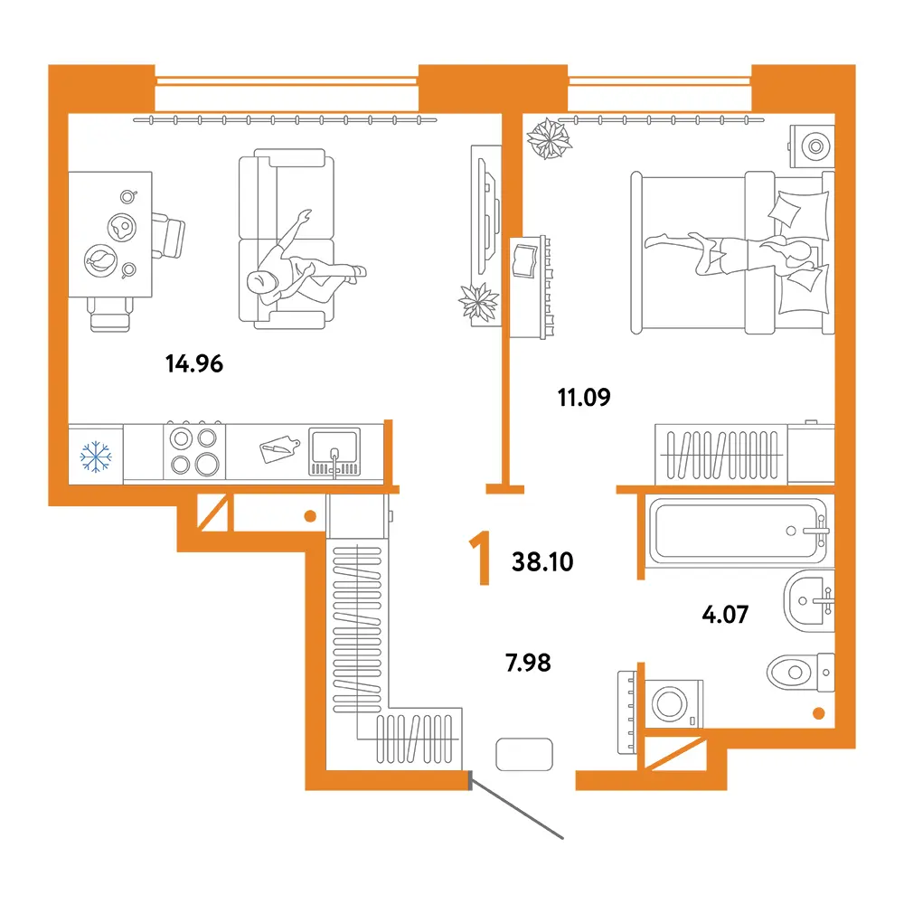 Планировка: Юнион 1-комнатная 38,10м²