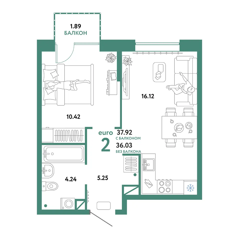 Планировка: Юнион 2-комнатная 37,92м²