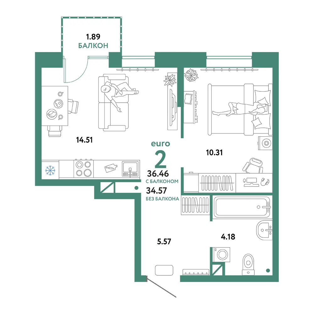 Планировка: Юнион 2-комнатная 36,46м²