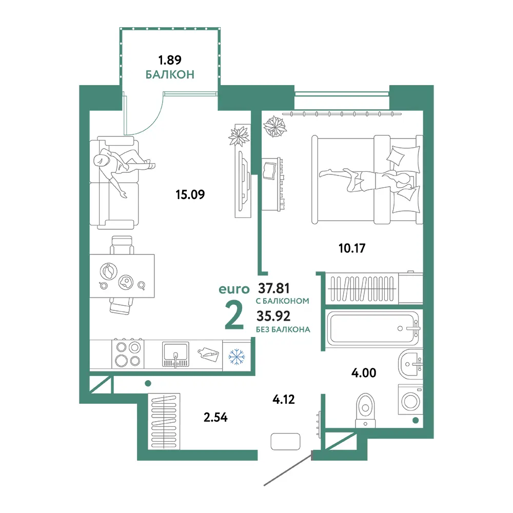 Планировка: Юнион 2-комнатная 37,81м²