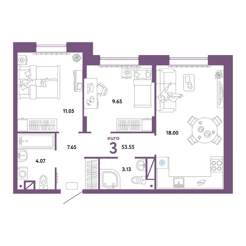 Планировка: Юнион 3-комнатная 53,55м²