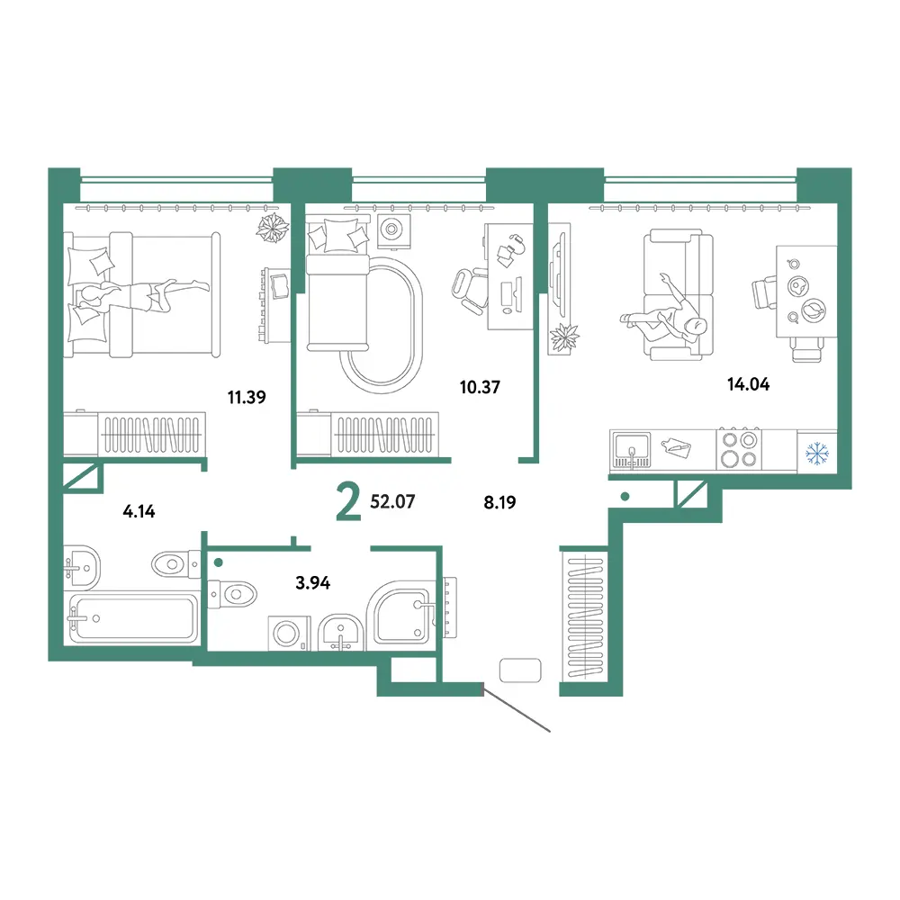 Планировка: Юнион 2-комнатная 52,07м²