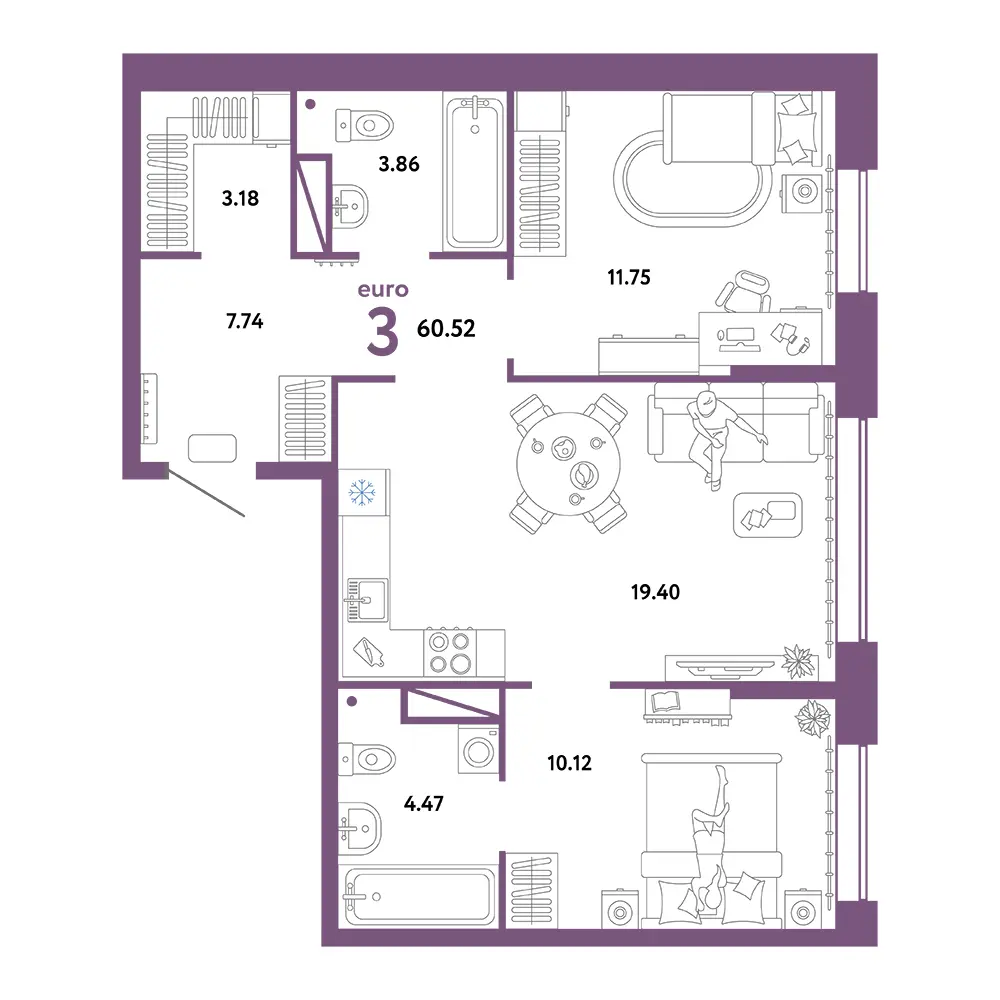 Планировка: Юнион 3-комнатная 60,52м²