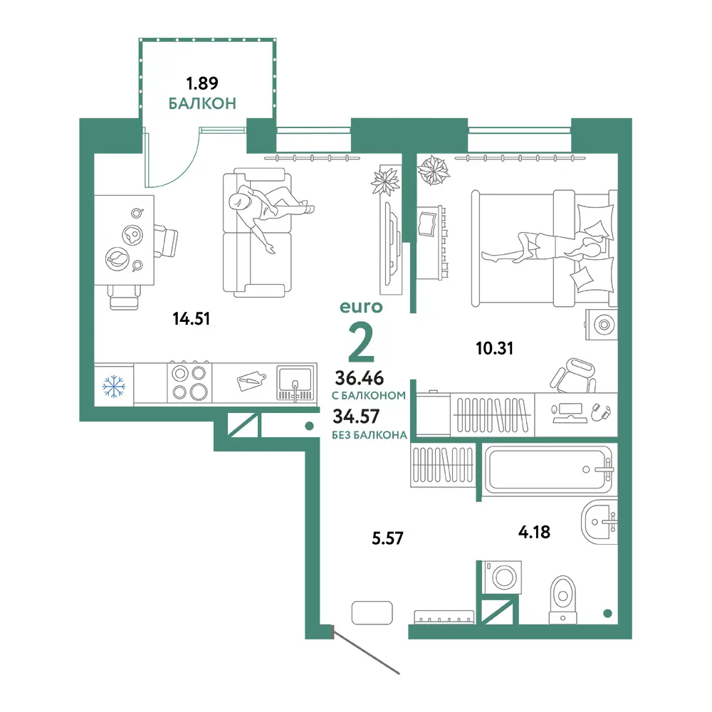 Планировка: Юнион 2-комнатная 36,46м²